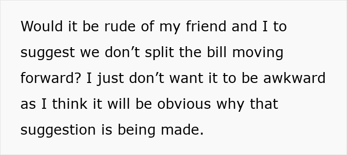 Text showing a woman asking advice on bill splitting, worried about awkwardness and being accused of fat-shaming friends.