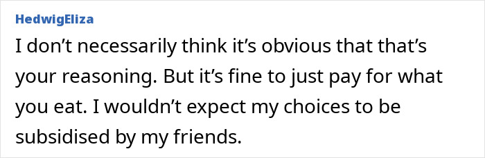 Screenshot of a woman asking advice on a bill splitting situation and facing accusations of fat-shaming friends.