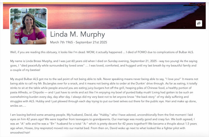 Woman holding a glass and smiling next to a humorous obituary text about writing her own obituary and ALS.