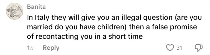 Comment from Banita about illegal interview questions and false promises, related to job interviews in Korea.