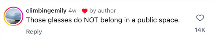 Comment from social media user climbingemily expressing that Meta glasses do not belong in public spaces.