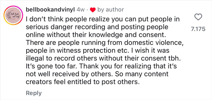Comment discussing privacy concerns about recording and posting people without their consent, related to Meta glasses vacation regrets.