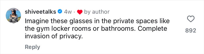 User comment about privacy concerns related to a woman who used Meta glasses to record vacation regrets.