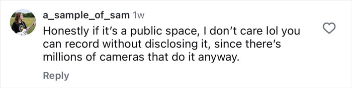 Comment about recording in public spaces, referencing use of Meta glasses to capture vacation moments and related regrets.