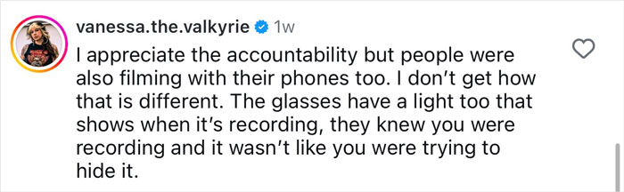 Comment on Meta glasses recording vacation regrets shared by a woman, describing the recording light and accountability.
