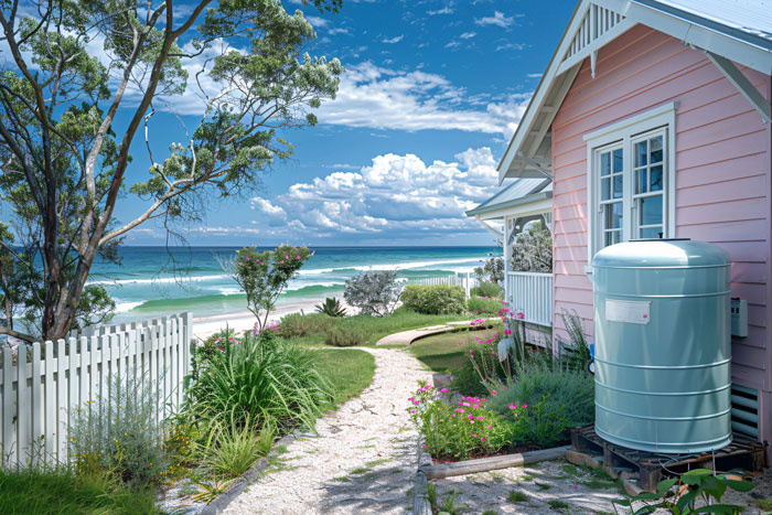 Coastal yard with a fenced garden path and pool area, showing new homeowners enjoying their private outdoor space.