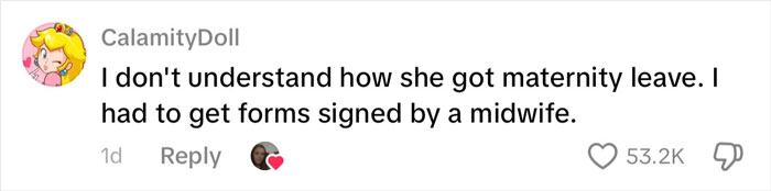 Comment on social media discussing maternity leave and midwife forms, related to woman's baby revealed as doll story.