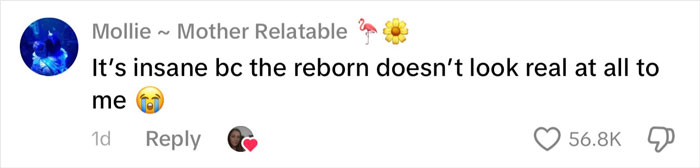 Comment on social media about woman&rsquo;s long lie after family discovers her baby is a doll, expressing disbelief.