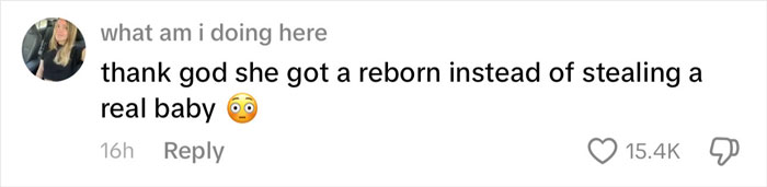 Comment about a woman&rsquo;s outrageous 10-month lie unraveling after family discovers her baby is actually a doll with shocked emoji.