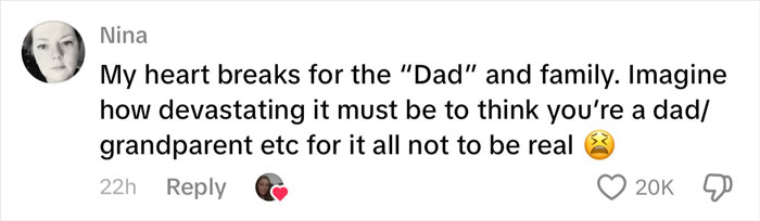 Comment from Nina expressing heartbreak over family's devastation after discovering the baby is actually a doll.