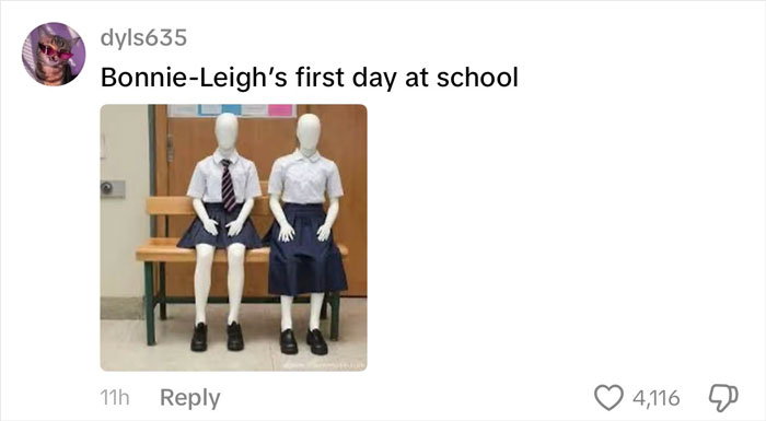 Two mannequins dressed in school uniforms sitting on a bench, illustrating a doll mistaken for a baby.