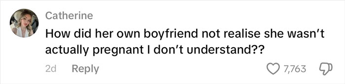 Screenshot of Instagram comment by Catherine questioning how boyfriend didn&rsquo;t realize woman&rsquo;s baby was actually a doll.