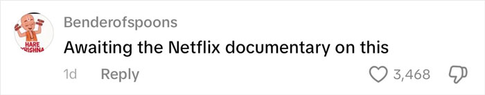 Comment on Reddit by Benderofspoons with a Hare Krishna avatar, expressing anticipation for a Netflix documentary.