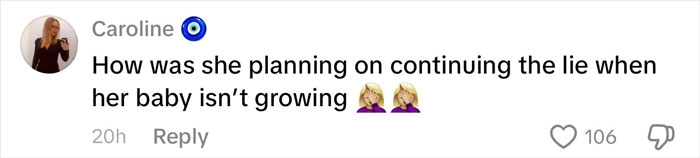 Screenshot of a social media comment questioning how a woman maintained a 10-month lie with a doll instead of a real baby.
