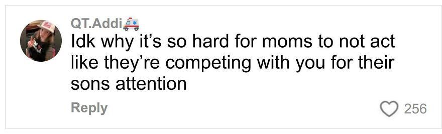 Social media comment about moms acting competitive for their sons' attention in a discussion on ex-mother-in-law conflict.
