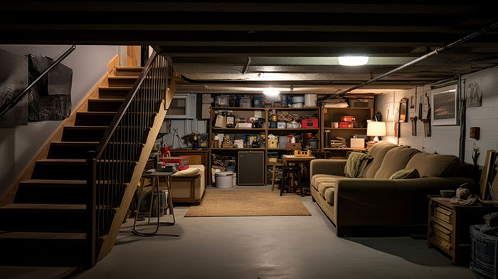 Cozy basement setup with couch and shelves, reflecting a babysitter’s quiet moment during weird and awkward experiences.