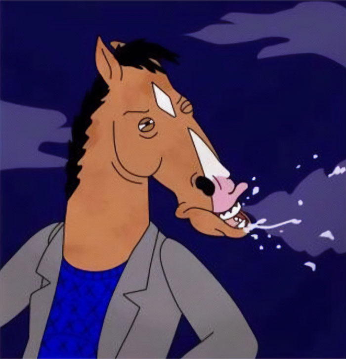 Animated horse character in a blazer spitting, representing humorous moments of people failing spectacularly at work.