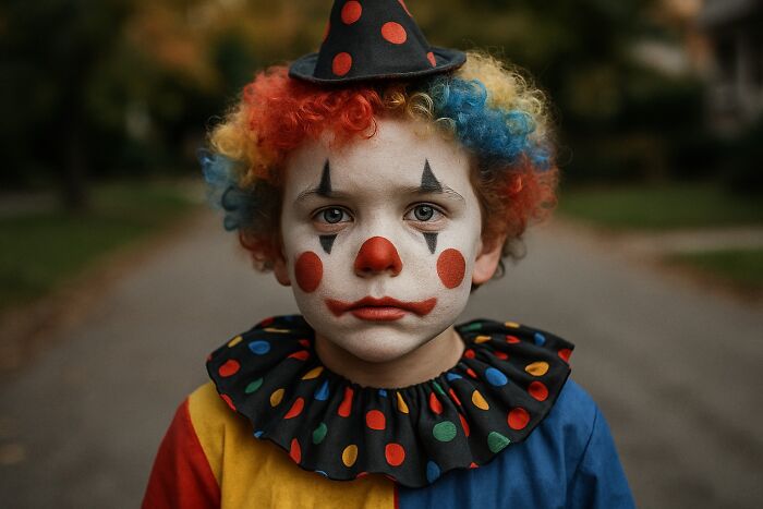 Child in colorful clown costume with face paint, capturing a Halloween experience that turned from fun into a nightmare.