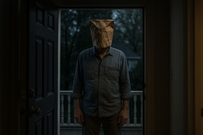Person wearing a paper bag mask standing in a doorway at night, illustrating worst Halloween experiences turned nightmare.