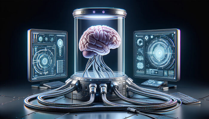 Futuristic mind-bending scenario showing a human brain connected to multiple screens and machines in a high-tech lab.