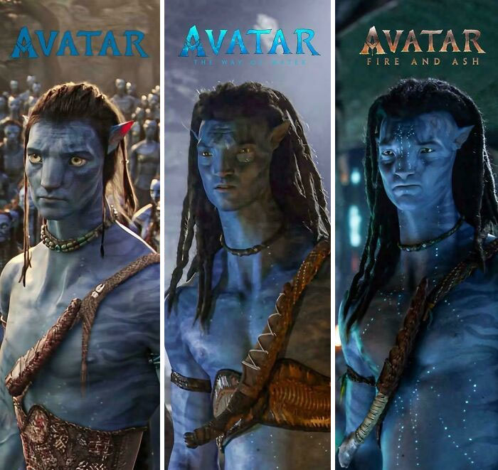Three blue Na'vi characters from the Avatar movies shown in different scenes highlighting bad movie details.