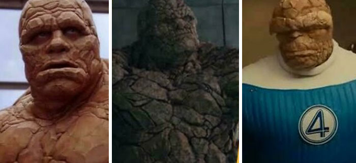 Three different versions of the character The Thing from movies, showcasing details from bad movie scenes.