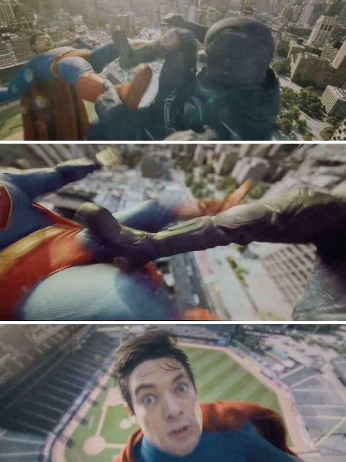 Scenes from a bad movie showing confusing details with Superman fighting a villain in midair above a city and stadium.