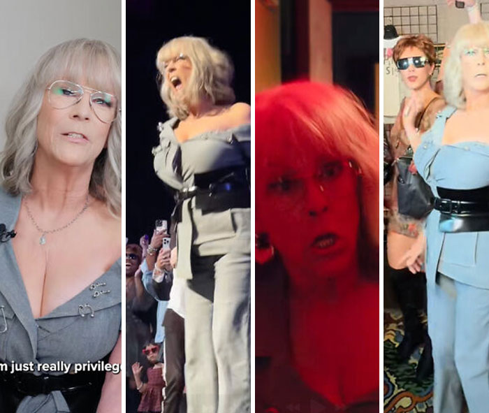 Four images of a woman in gray outfits, highlighting confusing bad movie details from an online group discussion.