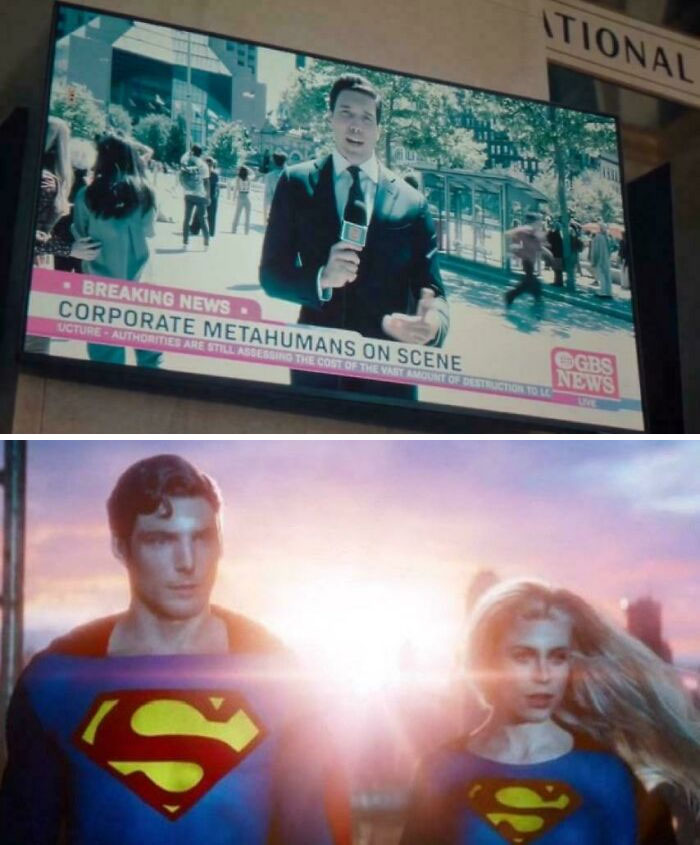 Scene from a bad movie showing a news report on metahumans and two confused characters dressed as superheroes.