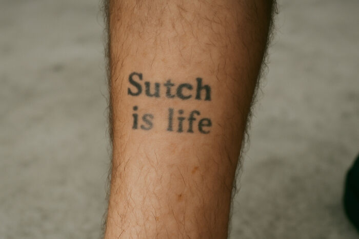 Close-up of a misspelled tattoo on an arm showing a tattoo artist messed up the lettering.