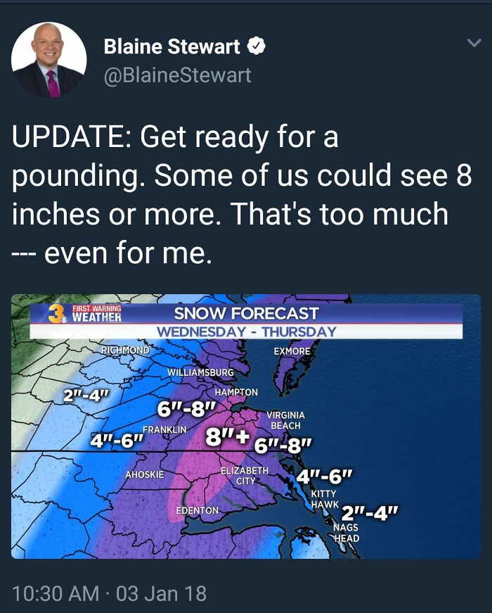 Weather update tweet showing a snow forecast map with humorous post that became an instant meme.