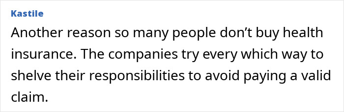 Screenshot of a social media comment discussing insurance companies denying coverage and avoiding valid claims.