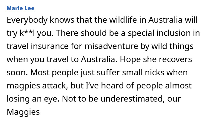 Comment about woman injured by bird and travel insurance issues related to wildlife attacks in Australia.