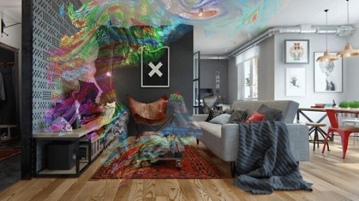 Modern living room with colorful abstract light effects, illustrating unsettling medical posts and intriguing health insights.