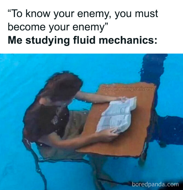 Person sitting underwater at a desk reading a book, illustrating hilarious educational memes about struggling with fluid mechanics.