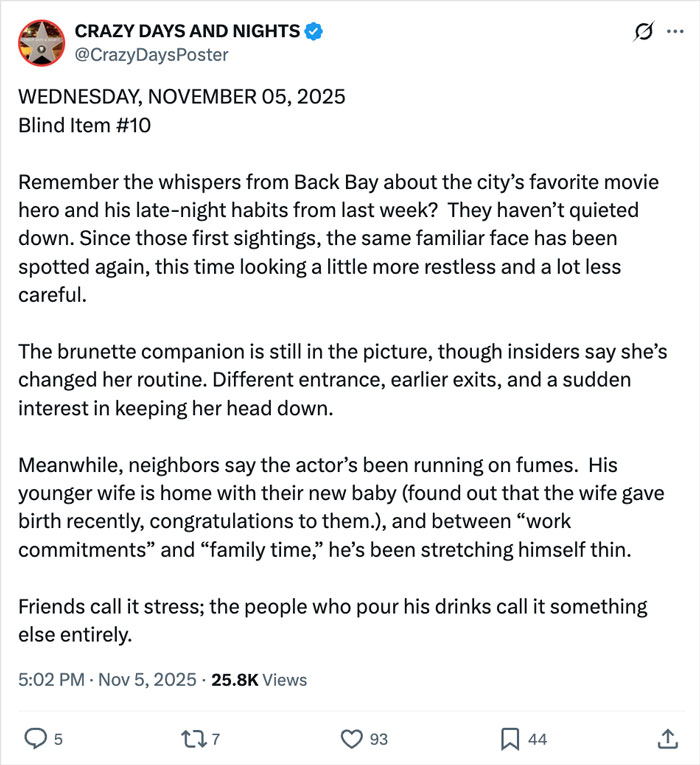 Tweet from Crazy Days and Nights discussing Chris Evans cheating rumors amid childbirth, mentioning stress and suspicious behavior.