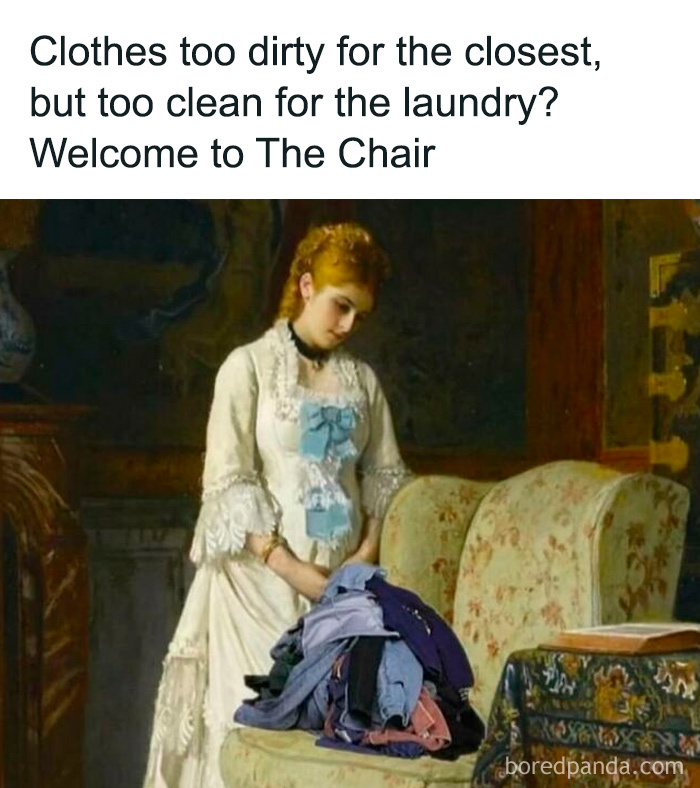 Vintage painting of a woman with a pile of clothes, a funny meme about laundry and life lightened by funny memes.