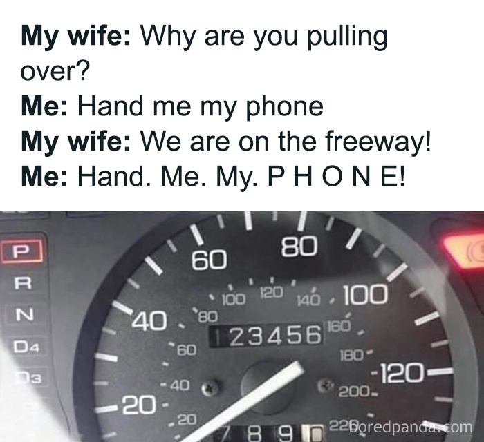 Funny meme showing a car speedometer with a humorous dialogue about urgently needing a phone on the freeway, random funny memes.