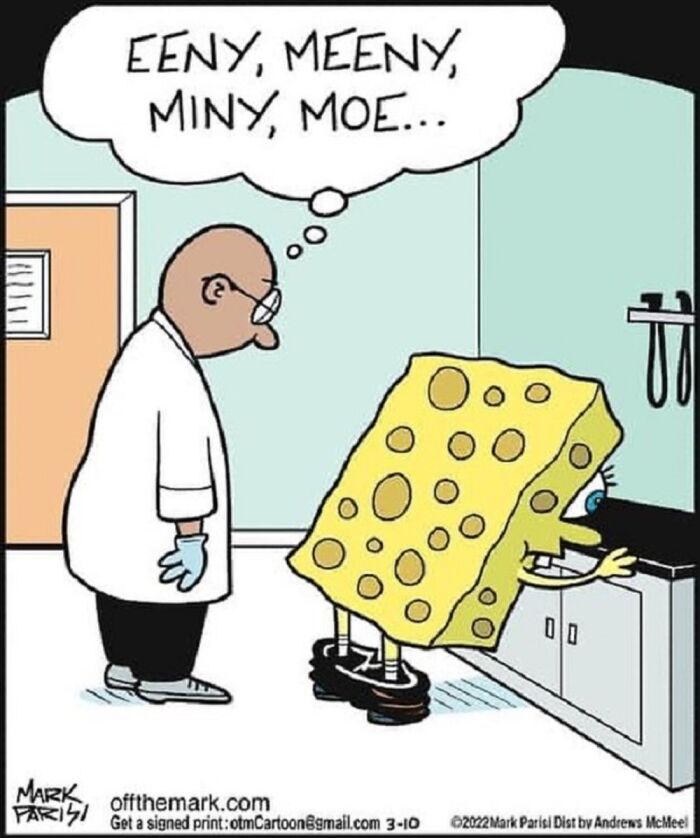 One-panel comic by Mark Parisi featuring iconic characters with humorous interaction in a lab setting.