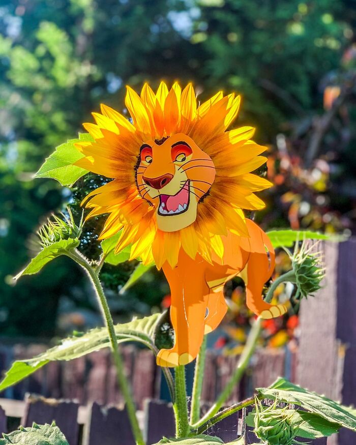 Paper cutouts by Rudy Willingham featuring a lion with a sunflower mane blending into real life outdoors.