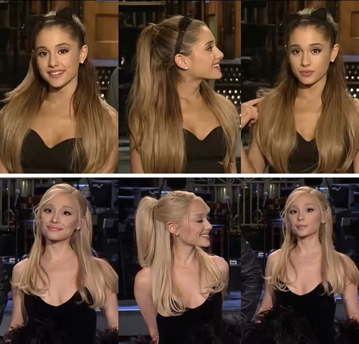 Before-and-after shots of Ariana Grande showing fans convinced she had plastic surgery on her nose.