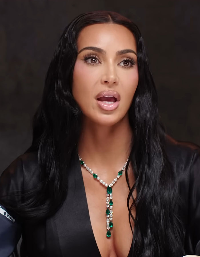 Kim Kardashian speaking in a video, wearing a black outfit and emerald necklace, discussing excuses for failing the bar exam. Kim Kardashian speaking in a video, wearing a black outfit and emerald necklace, discussing excuses for failing the bar exam.