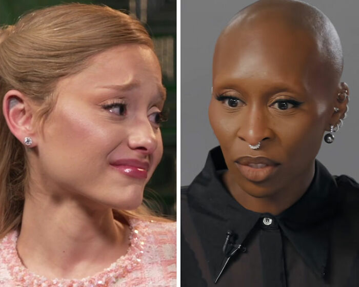 Ariana Grande and Cynthia Erivo shown in separate interview settings, reacting with serious expressions.
