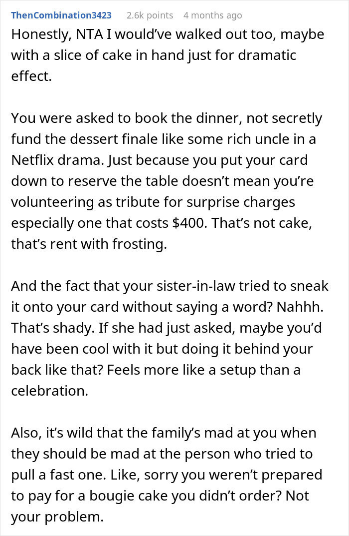 Commenter discusses a rich man refusing to pay for an expensive cake his sister-in-law ordered secretly.
