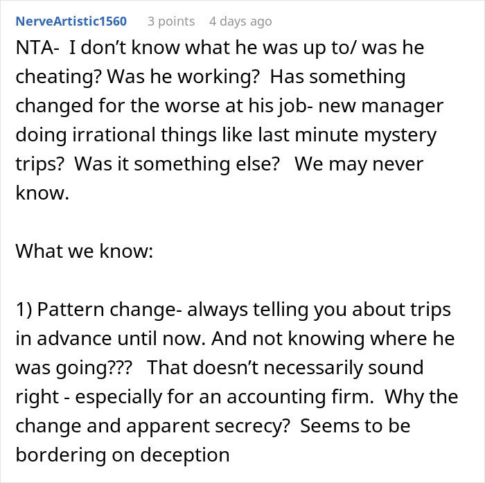 Man&rsquo;s suspicious work trip and pattern changes cause girlfriend to rethink their entire relationship.