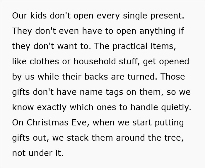 Text excerpt describing how kids don&rsquo;t open every gift and gifts are stacked around the tree, highlighting consumerism.
