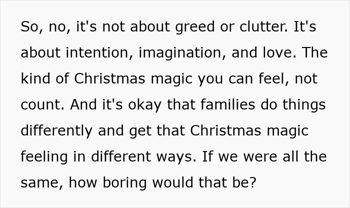 Text about intention and imagination behind gifts, highlighting Christmas magic beyond consumerism and gift quantity for kids.