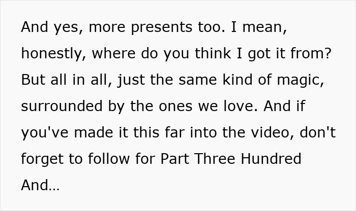 Alt text: Text excerpt discussing more presents and the concept of magic surrounded by loved ones related to gifts for kids.