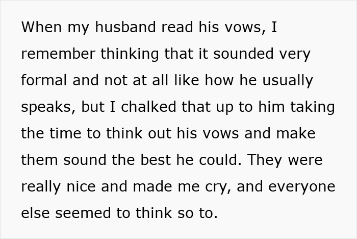 Bride emotional as groom’s vows make her cry, unsure how to feel after discovering how he wrote them. Bride emotional as groom’s vows make her cry, unsure how to feel after discovering how he wrote them.