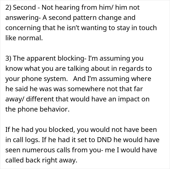 Text excerpt analyzing suspicious phone behavior suggesting a man may have blocked contact during a work trip relationship doubt.